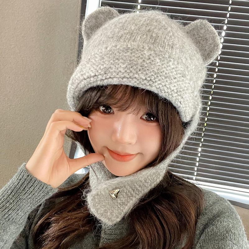 Cute~ Three-dimensional Bear Ears Knitted Wool Hat Women's Big Head Circumference Versatile Face Fashion Hat Thermal Ear Hat