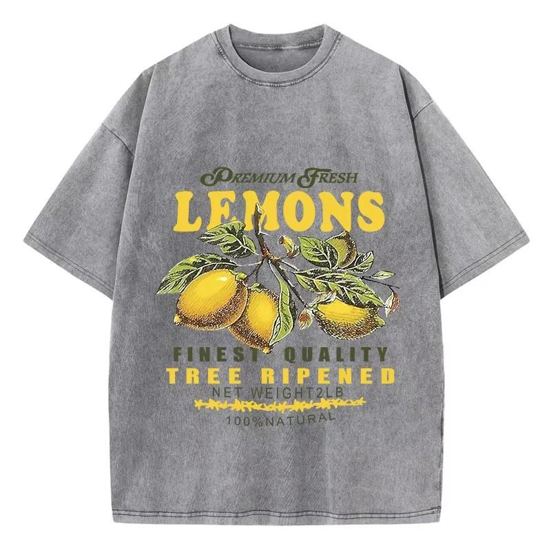 Cotton Women Acid Wash T-Shirts Premium Fresh Lemons Printing Tees Distressed Oversize O-Neck Short Sleeve Casual Female Clothes S разноцветный