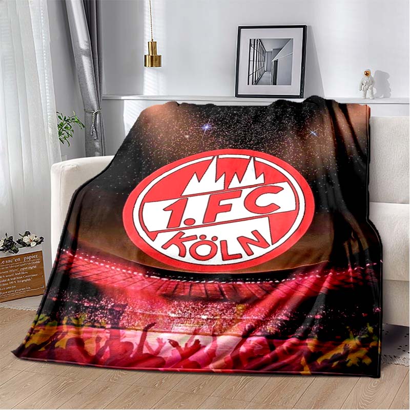 1.FC Köln German Fan Slogan Flannel Throw Blanket, Red White Club Crest & Flame Border Print, Soft Warm Fleece for Bundesliga Football Fans Sofa Bed