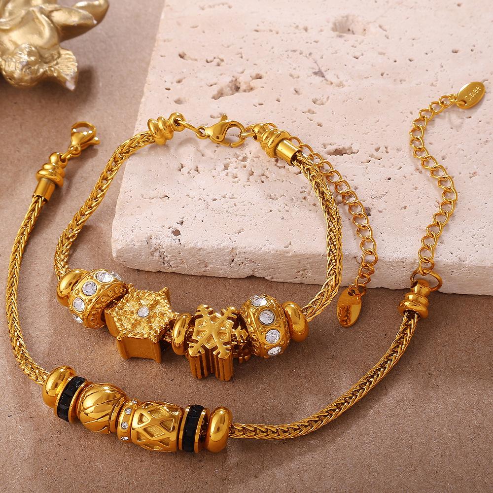 Retro-Stil DIY Schneeflocke Hohl Diamant Anhänger Armband Edelstahl High-End Gold Perlen Armband