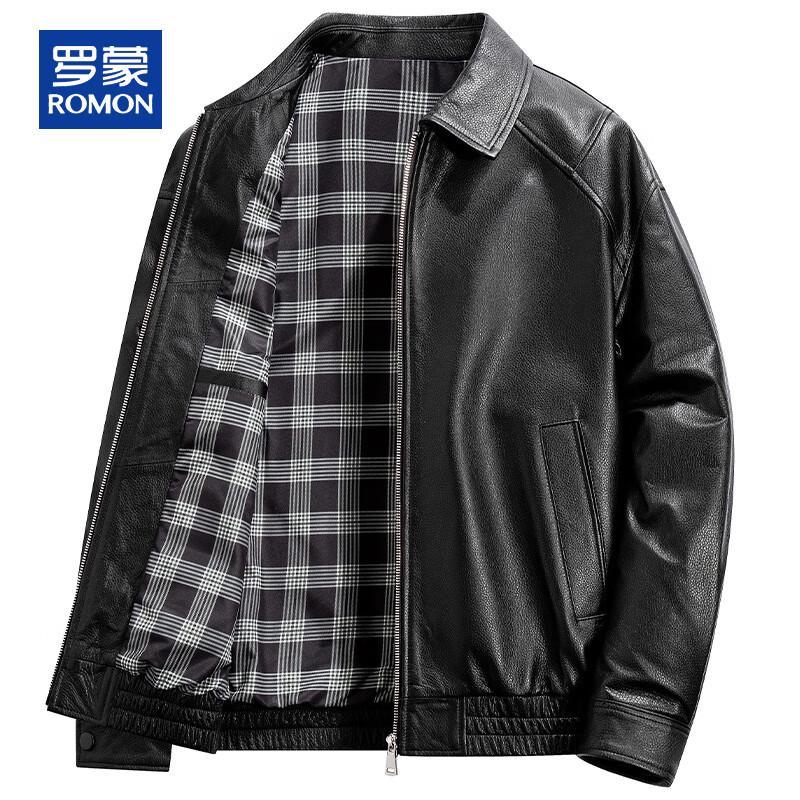 ROMON Men's Genuine Cowhide Leather Lapel Jacket