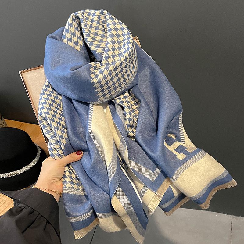Korean-Style Houndstooth Faux Cashmere Scarf Shawl for Women - Thickened Double-Sided Winter Neck Warmer