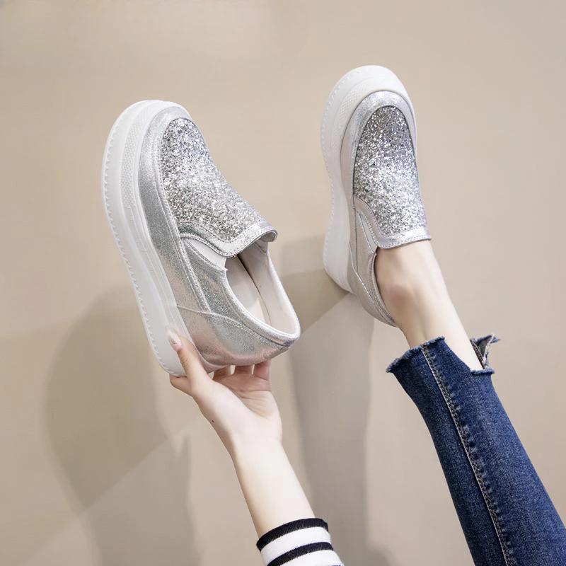 Fashion New In 2025 Sequins Slip On Shoes for Women Walking Designer Luxury Trends Comfortable and Elegant 39 Original Woman Footwear