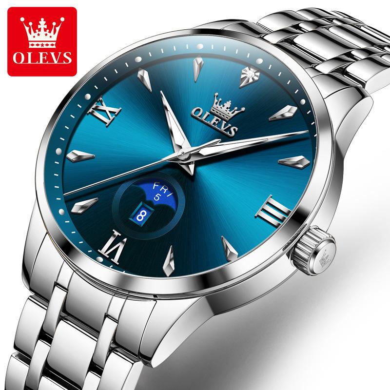 

Оригинальные модные кварцевые часы OLEVS для мужчин, отображение недели и даты, водонепроницаемые, светящиеся стрелки, часы с браслетом из нержавеющей стали синий/серебряный