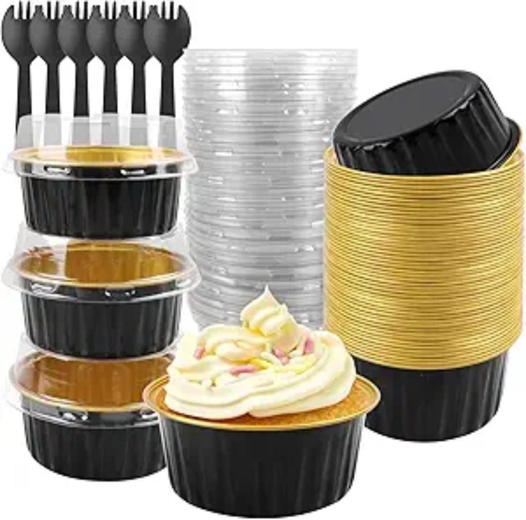 Dessert Cups With Lids, 60 Pieces Gold Aluminum Foil Baking Cup Holders, Cupcake Baking Practical Ramekins Transparent Pudding Cups