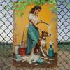 RetroBeautyDogMetalArt Retro Metal Wall Art 7.87x11.8" - "Beauty and Dog" Aluminum Panel, Woman Brushing Dog Decor for Home/Cafe