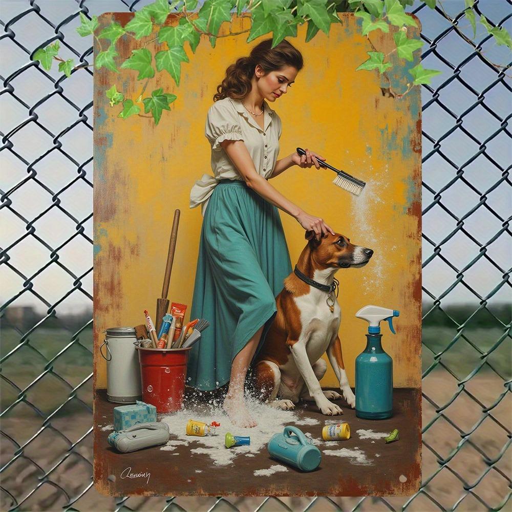 RetroBeautyDogMetalArt Retro Metal Wall Art 7.87x11.8" - "Beauty and Dog" Aluminum Panel, Woman Brushing Dog Decor for Home/Cafe