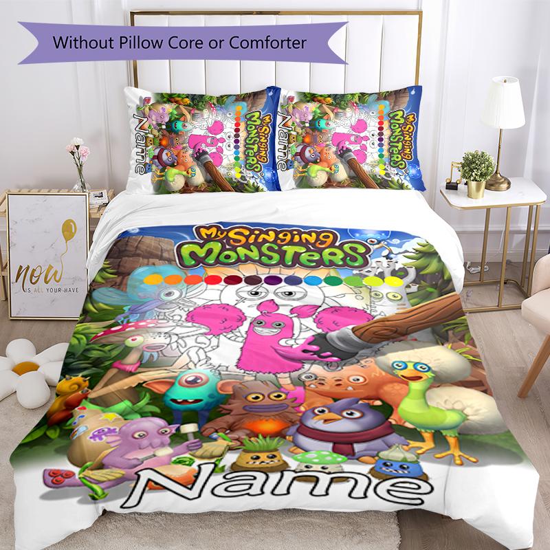 3pcs Custom Name Cartoon My Singing Monsters Bedding Set Duvet Cover Closure Includes 1 Duvet Cover & 2 Pillowcases for All Seasons Bedroom Decor