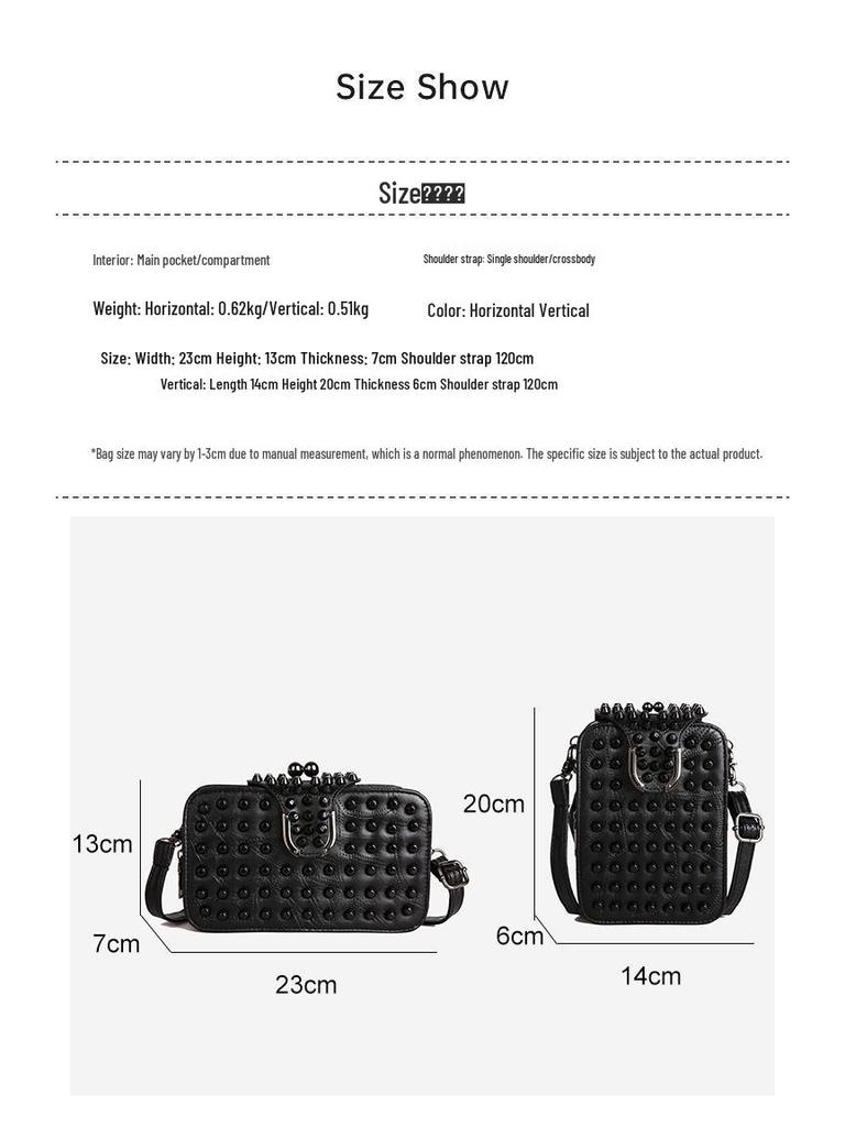 Gothic Style Textured Black Shoulder & Crossbody Bag with Rivets for Women