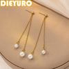Stainless Steel Golden Elegant Long Pearl Tassel Earrings for Women New Trend Classic Waterproof Earbob Jewelry