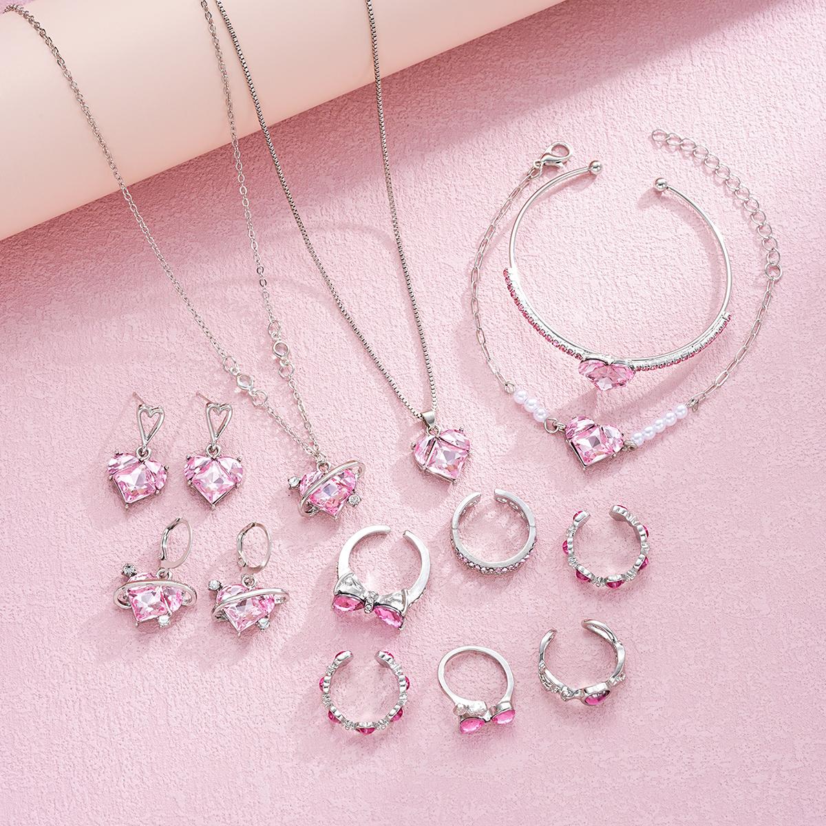 

14 Pcs/Set Pink Crystal Jewelry Set for Women Y2k Kpop Cute Girl Heart Pendant Necklace Earring Bracelet Ring Trendy Jewelry New