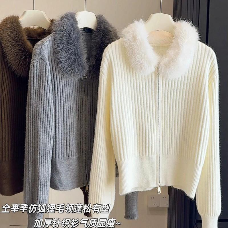 Womens Oversized Knit Cardigan With Faux Fur Collar Double Zipper Casual Warm Sweater Coat Winter