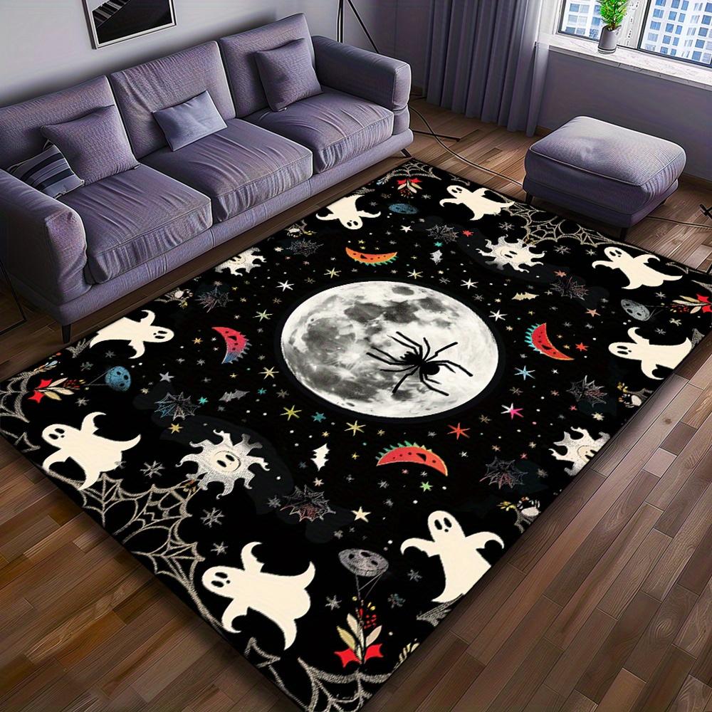 Halloween Ghost Printed Area Rug: Spider & Moon Pattern Carpet for Easy Cleaning and Durable Use in Bedrooms and Living Spaces