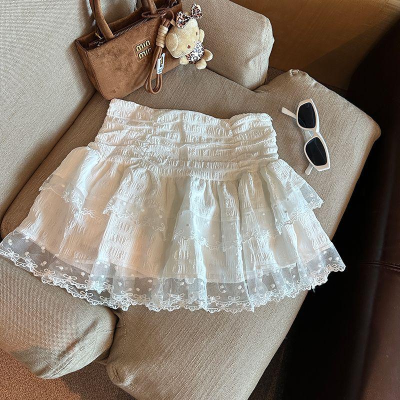Sweet & Spicy Petite Puff Skirt - French Lace Trim, Pure White, Pleated, High-Waisted A-Line for a Girlish Feel M белый