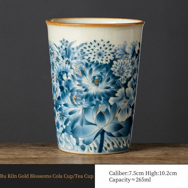 

265Ml Gold Blossoms Teacup Cola Cup Ru Yao Ceramic Opening Yellow Beautiful Teacup Flowers Teaware Master Cup KungFu Tea Set 200-400ml