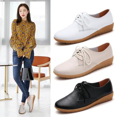 Sapatos Planos Femininos Brancos com Cadarço, Bico Redondo, Antiderrapantes, Couro Genuíno - Estilo Coreano Casual e Versátil