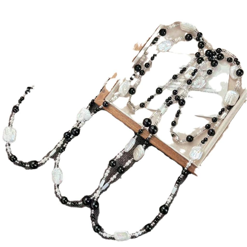 Vintage High Quality Natural Freshwater Baroque Pearl Black Agate Artificial Crystal Pearl Sweater Chain Item