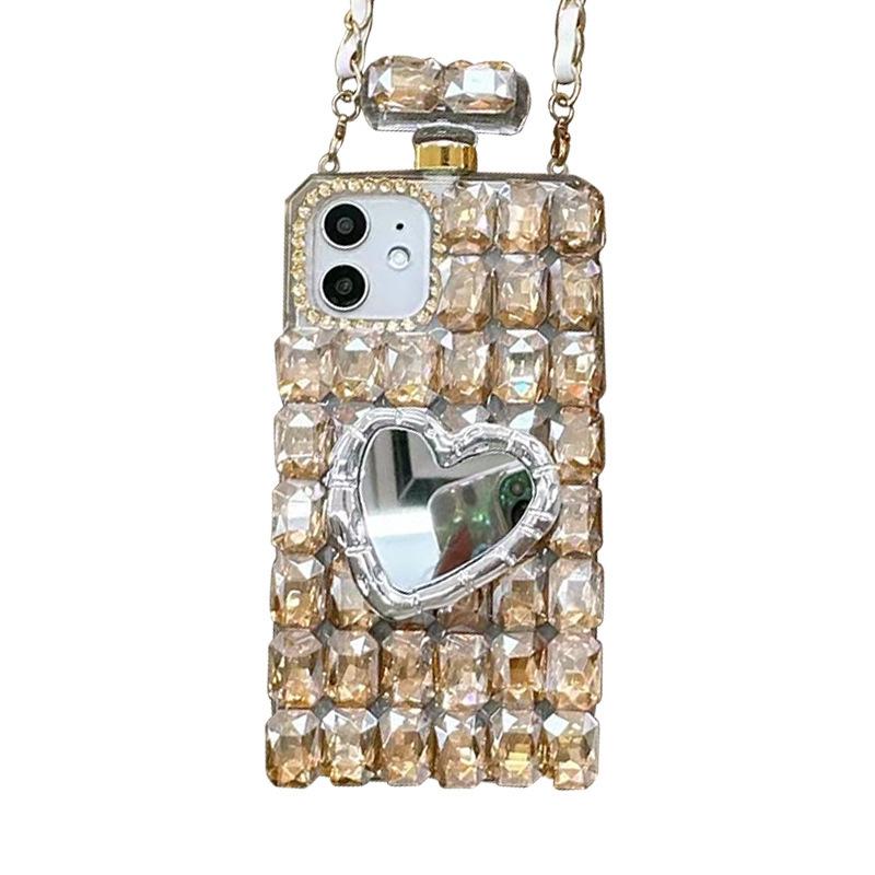 Rhinestone Love Mirror Mobile Phone Case for IPhone17 Perfume Bottle for Apple 14 Crossbody Cord 16 Full Diamond Luxury 13