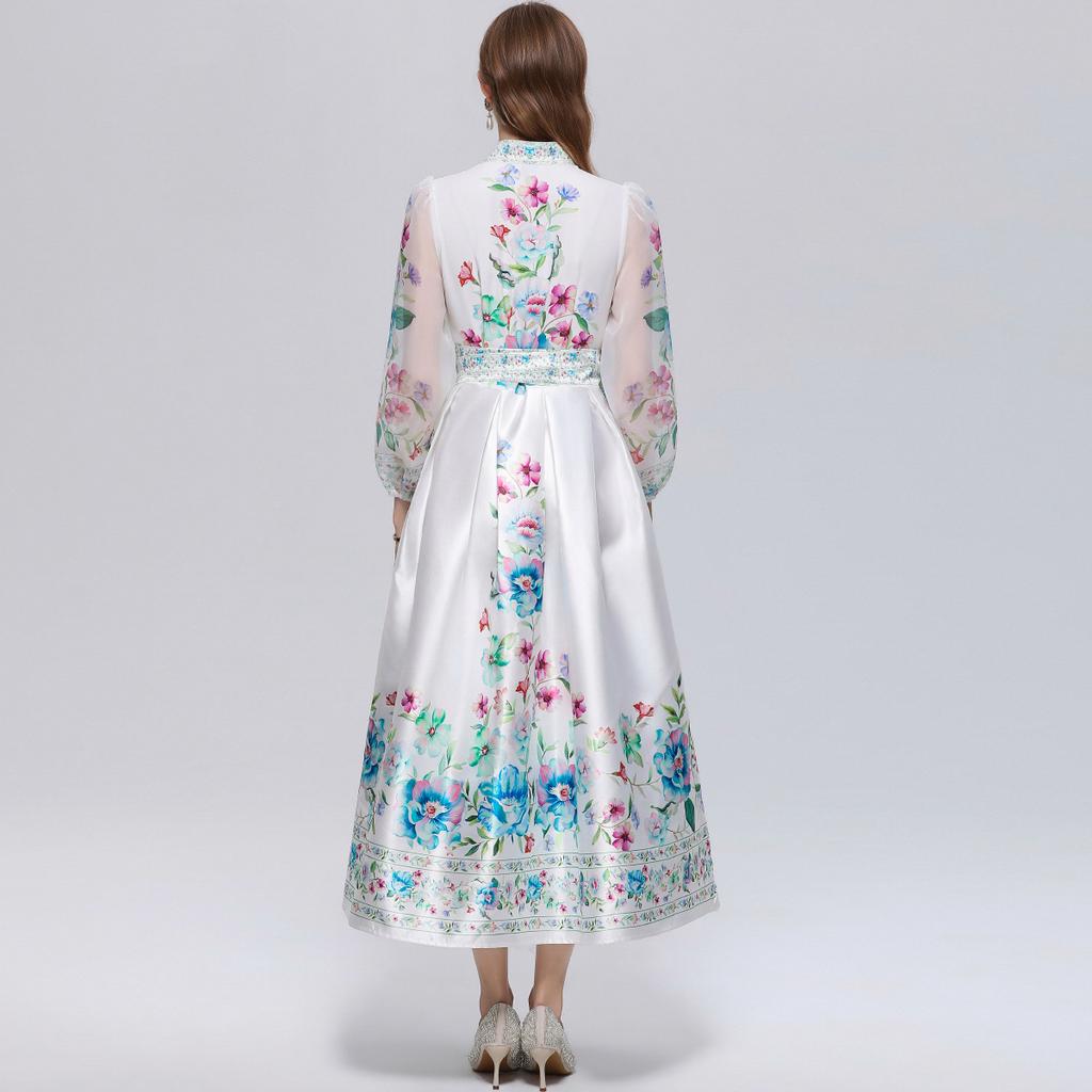 Wunderschönes Blumenwickel-Langarmkleid Damen V-Ausschnitt Laternenärmel Chiffon-Patchwork Dickes Satin-Band-Schnürgürtel Partykleid
