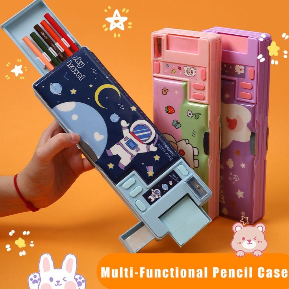 Plastic Pencil Case With Calculator/Pencil Sharpener Fun Mechanism Design Pencil Box Double Sided Use Multi-Functional Pen Bag