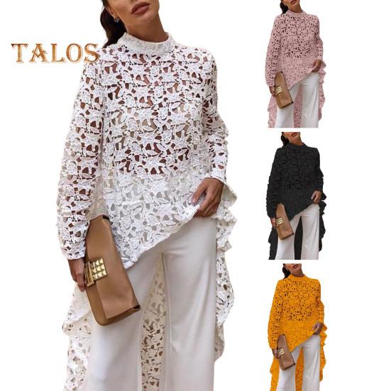 Dámská dlouhá top s výřezem, nepravidelná háčkovaná krajka, květinový patchwork, průsvitná krátká přední a zadní halenka s polovičními výstřihem a dlouhým rukávem