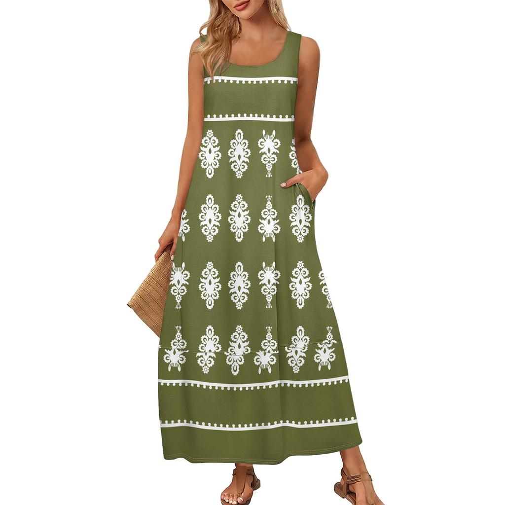 Damen Sommer Mode Rundhals Ärmellos Strandkleid Vintage Bedruckte Kleider