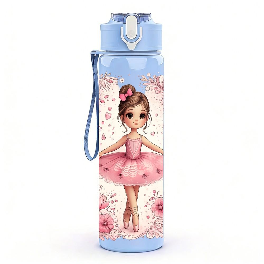 1PC Pink Floral Ballerina Girl Print 750ml Color Plastic Sports Water Bottle Leakproof Flip Straw Lid Suitable for Sports Office Home Use
