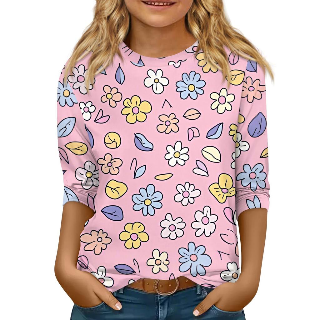Bluzka dziecięca z rękawem 3/4, luźny t-shirt z nadrukiem i okrągłym dekoltem