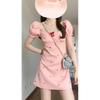 Chic Milk Sweet Wind Pink Bubble Sleeve Square Neck Dress, Summer Temperament Waist Gentle Girl Short Skirt