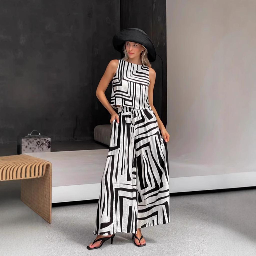2025 Summer New Geometric Printing Casual Loose Vest Wide-leg Straight Pants Set