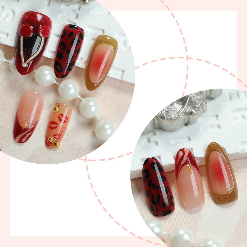 Leopard Print Press On Nails Almond 3D Embossed Removable False Nails for Women Long Stiletto 30Pcs Handmade Acrylic Nails