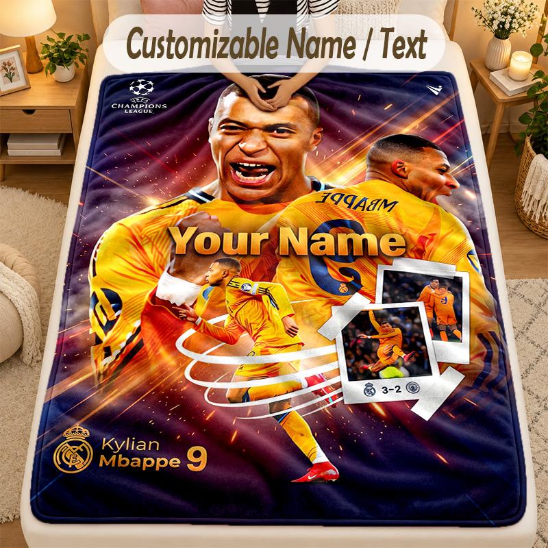 Flannel BlanketKylian Mbappe Custom Name Text Personalized Soft Warm Throw Blanket Home Decor Gift