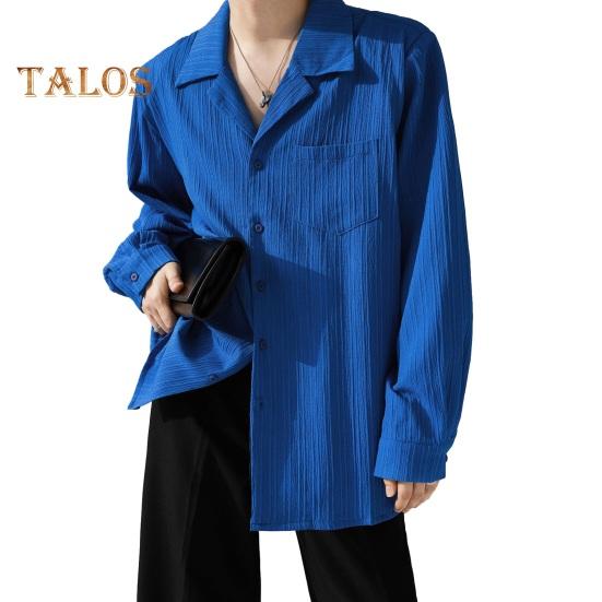 Pánská košile s kubánským límcem, dlouhý rukáv, pruhovaná, texturovaná, na knoflíky, volný střih, jednobarevná, ležérní košile pro každodenní nošení, dovolenou, práci