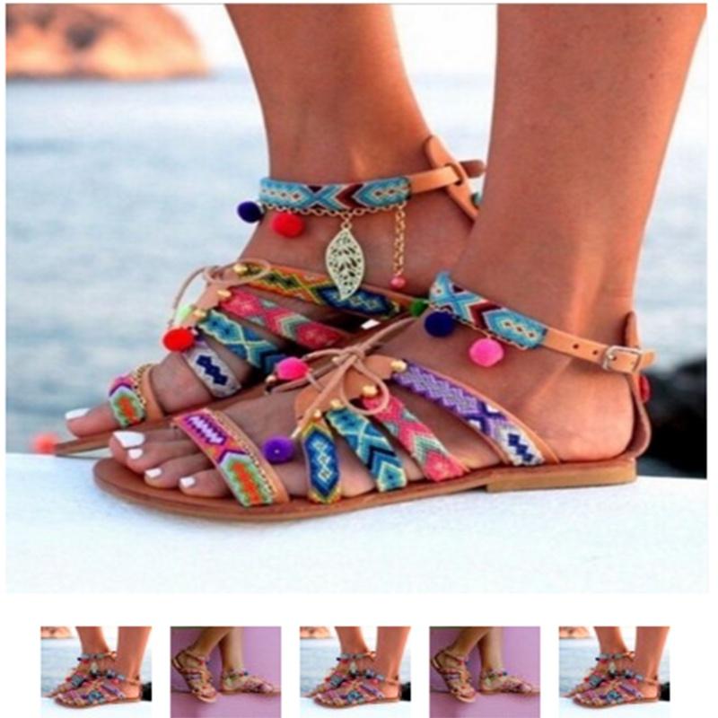 Elegantní Dámské Boho Sandály Gladiator Kožené Ploché Boty S Barevnými Pompony
