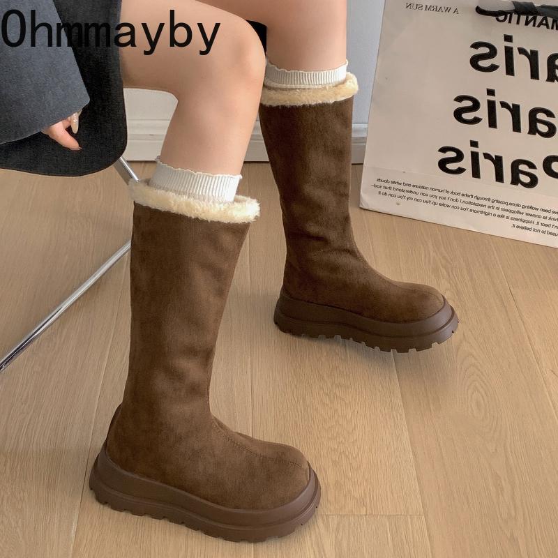 Winter Chunky Platform Heels Women Snow Boots Concise Height Increase Short Plush Shoes Warm Cotton Long Booties  Mujer