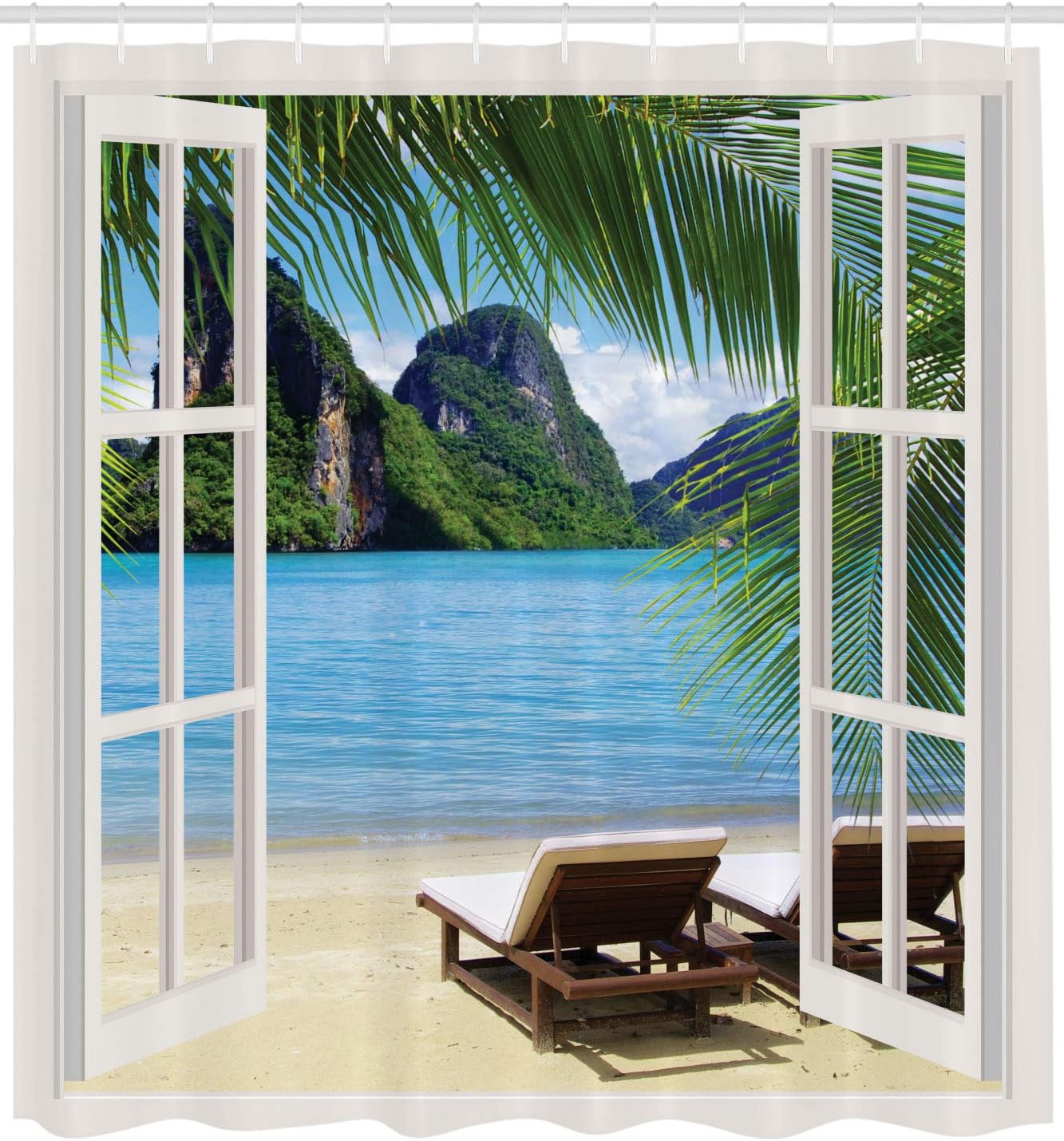 

Nautical Home Shower Curtain, Ocean Beach Seascape Sunbeds Balcony Window View Tropical Island, Cloth Fabric Bathroom W60H190(CM)-1 Pcs
