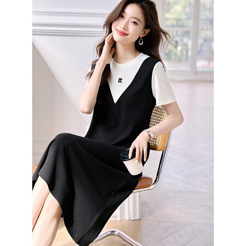 Women's Casual Faux Two-Piece Color Block A-Line Dress