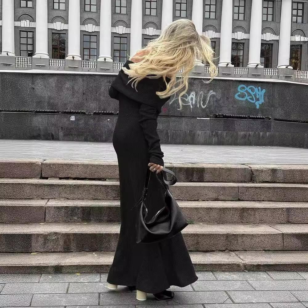 2024 High-End European & American One-Shoulder Sweater Dress - Women's Long, Waist-Hugging, Hip-Wrapping Style