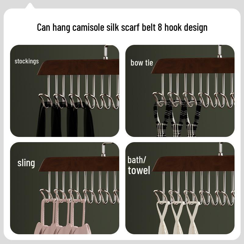 Solid Wood Multifunctional Hanger: 8 Hooks for Camisoles, Bras, Ties, Bags & Drying
