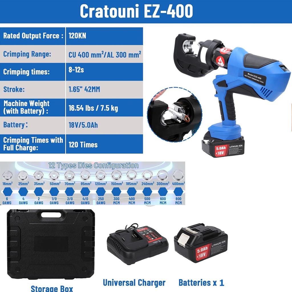 EZ-300 EZ-400 Electric Hydraulic Plier Rechargeable Hydraulic Crimping Plier w Battery Cable Copper Aluminum Terminal Crimp Tool