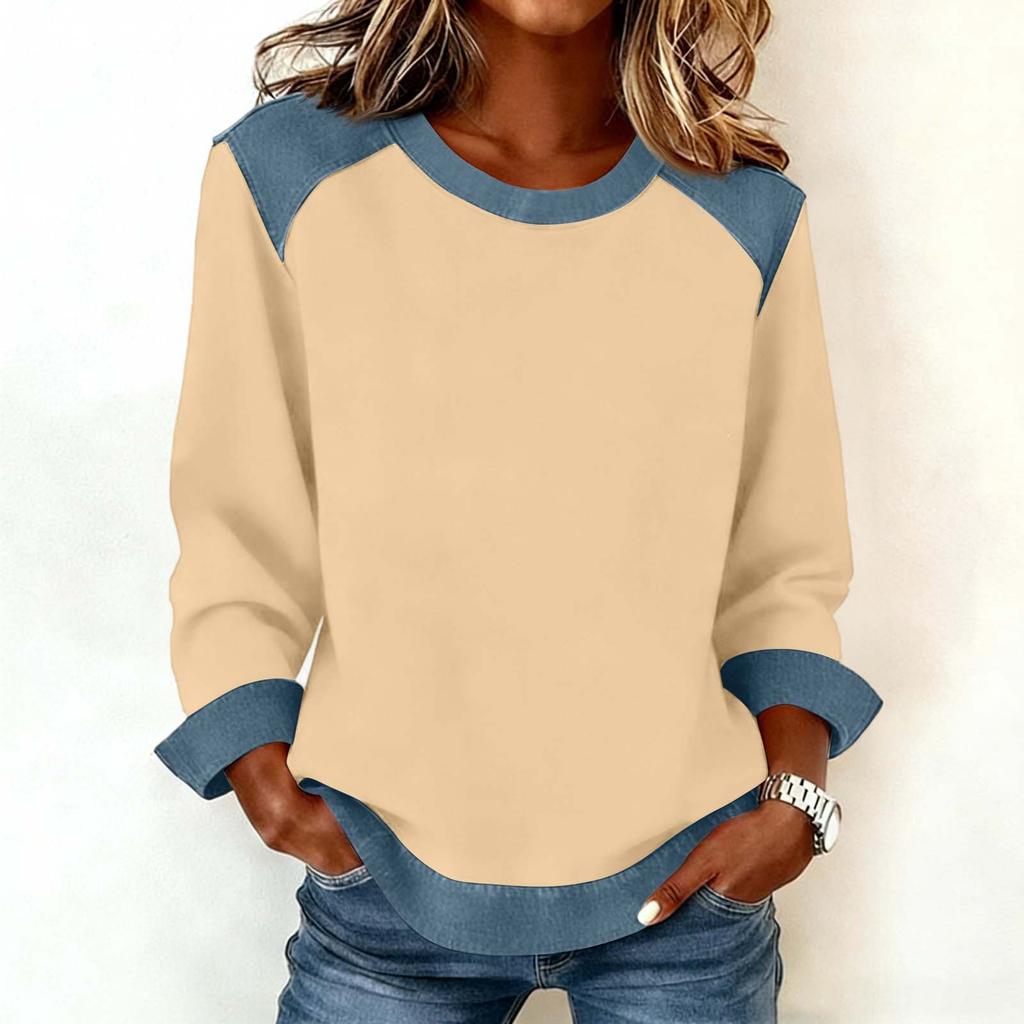 Damen Jeanskragen Patchwork Nähte Sweatshirt Lässig Pullover Langarmshirts