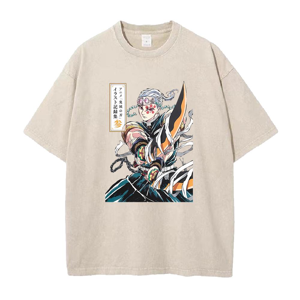 Heißer Anime Demon Slayer Kokushibo Bedrucktes T-Shirt Herren Übergroße Freizeit-T-Shirts Vintage Gewaschenes T-Shirt Harajuku Herren Baumwoll-T-Shirt