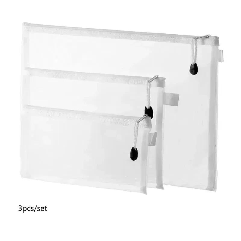 3pcs/Set Transparent Document Bag Mesh Zipper Information Bag Small Fresh Large Capacity Stationery Bag 3 pcs