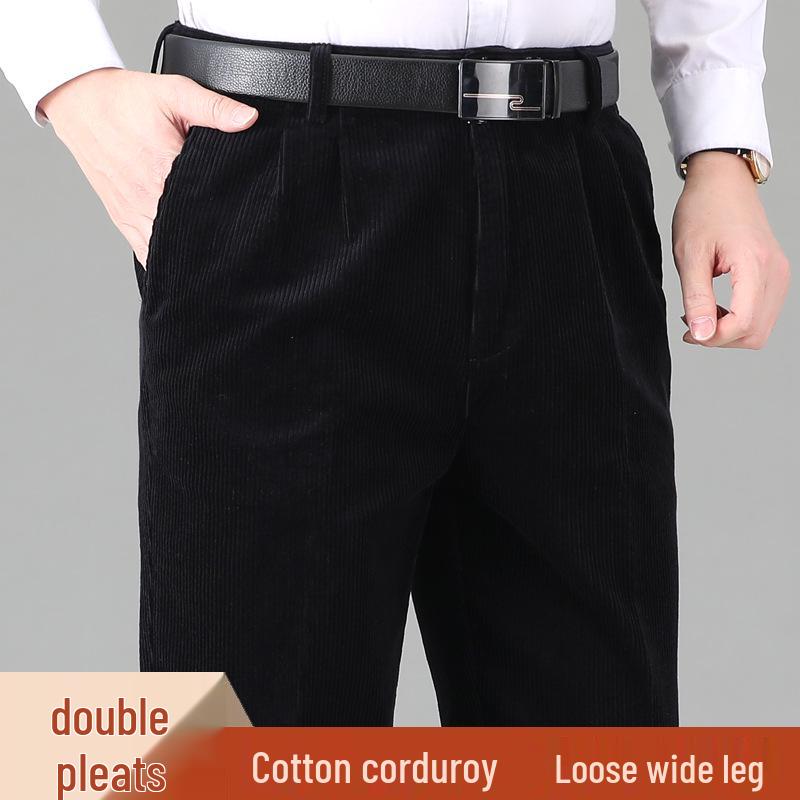 Men’s Wide-Leg Corduroy Pants: Winter-Ready, Pure Cotton, Double Pleat, Loose Fit for Middle-Aged & Seniors, Plus Size Available.