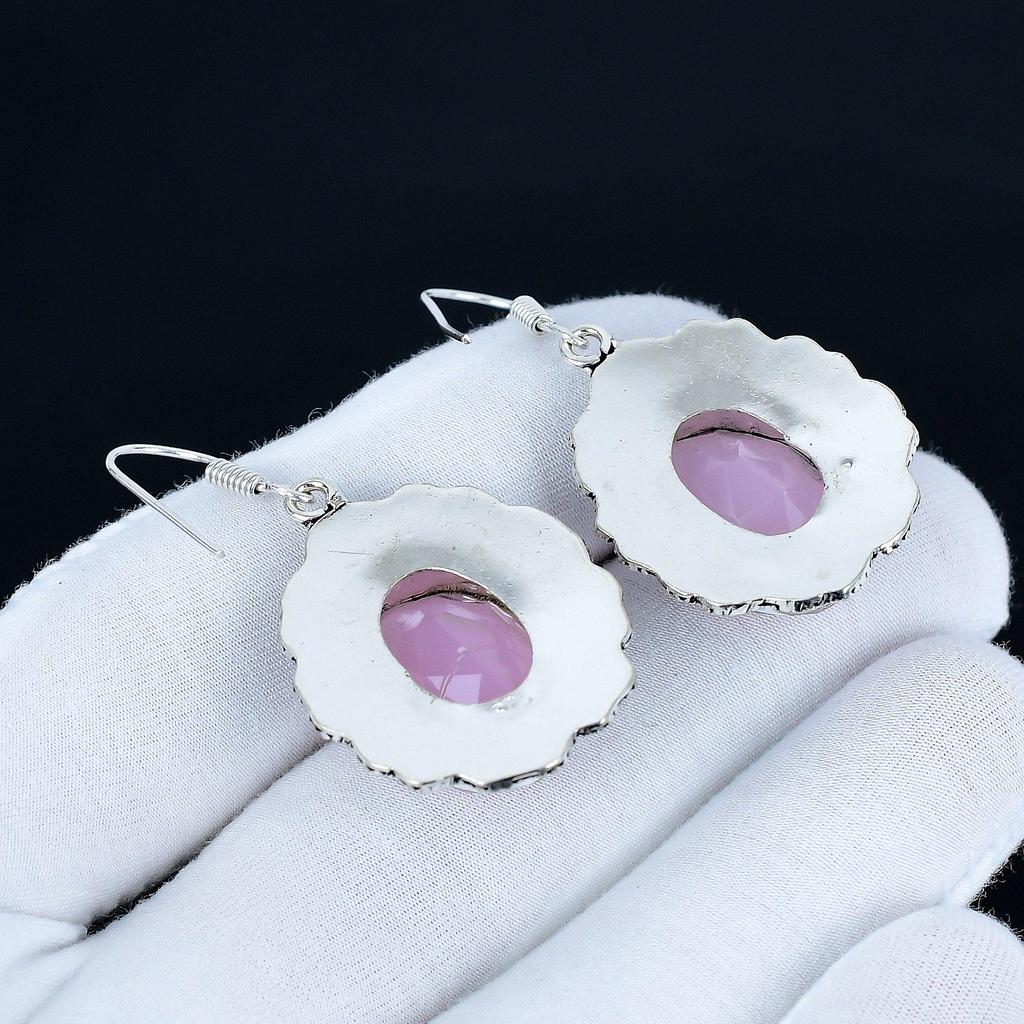 Ohrringe aus rosa Chalcedon-Edelstein, Ohrringe aus 925er Sterlingsilber, handgefertigte Silberohrringe zum Verschenken, baumelnde Tropfenohrringe aus rosa Chalcedon zum Verschenken