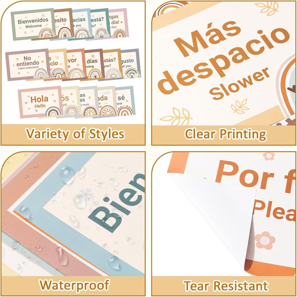 WATINC Spanish Words Phrases Poster - 16pcs Spanish Posters Set Classroom Decorations, Bilingual Study Learning Materials Teacher Supplies, Spanish