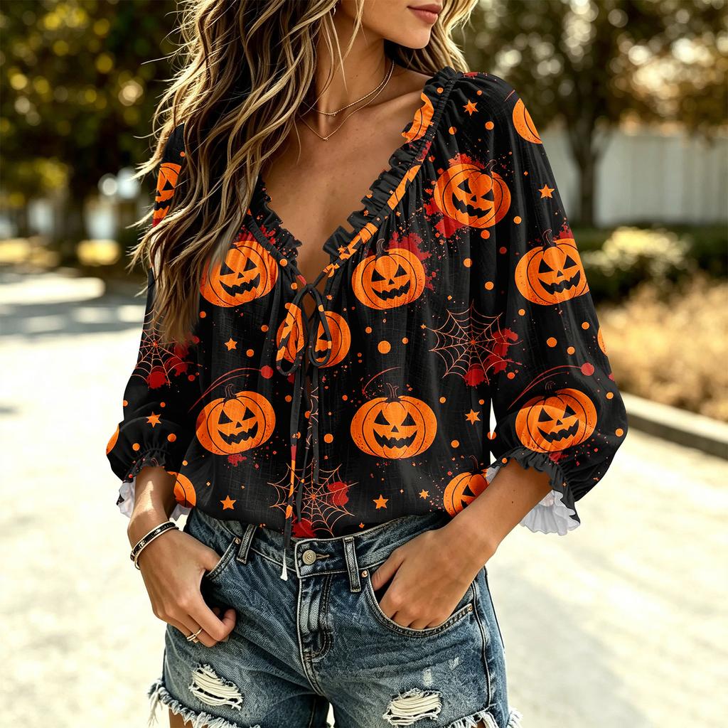 Women's Halloween Print V-Neck Ruffle Blouse with Tie Front and for Party