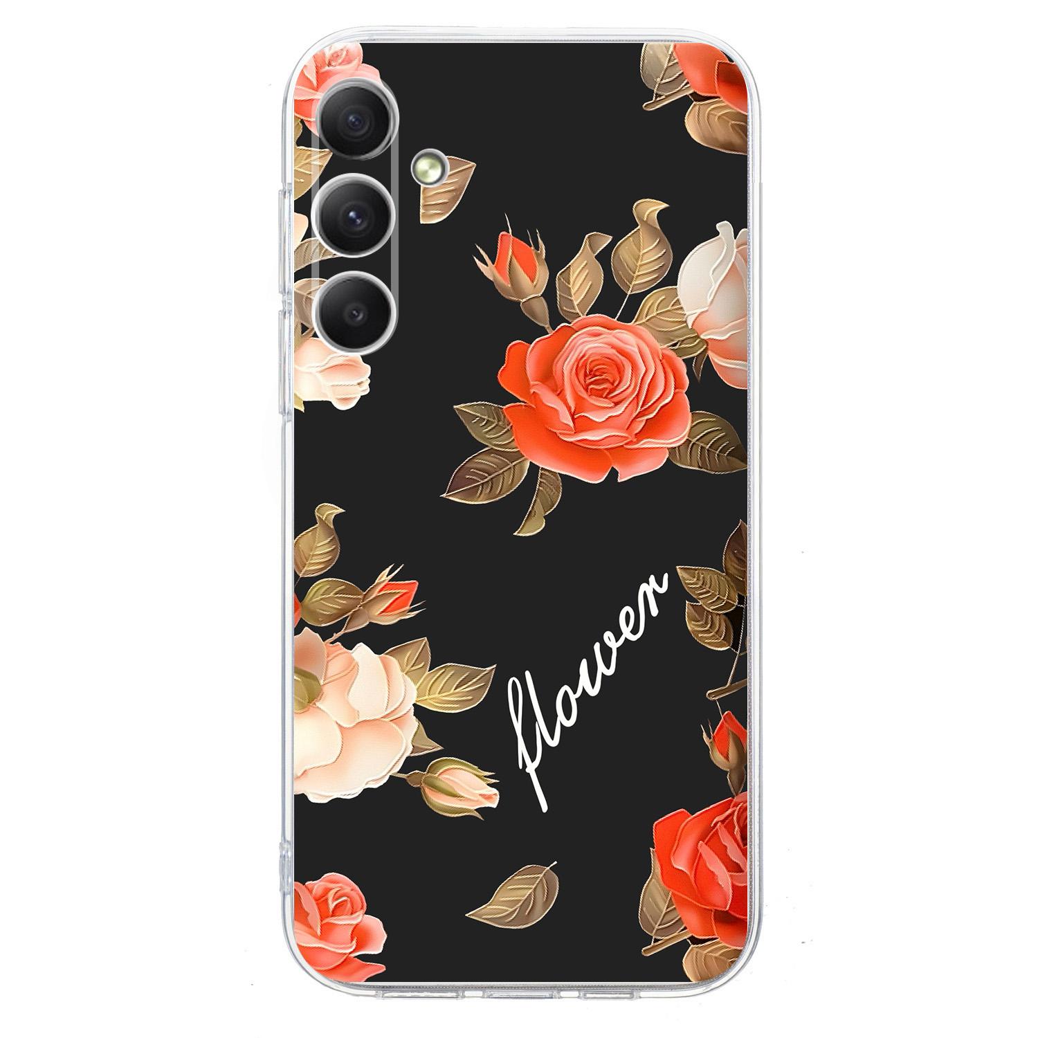 

For Samsung Galaxy A15 5G Case Pattern Printing Shockproof Soft TPU Phone Cover Black Background Flowers