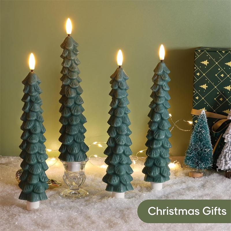3-Pack Christmas Flameless LED Candles Green Led Candlesticks with Timer Remote Christmas Tree 3D Flickering LED Candles