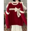 Butterfly Bow Ribbon Women's Sweater Red Christmas Round Neck Long Sleeved Knitted Sweaters Autumn Loose Casual Woman New Holiday Top